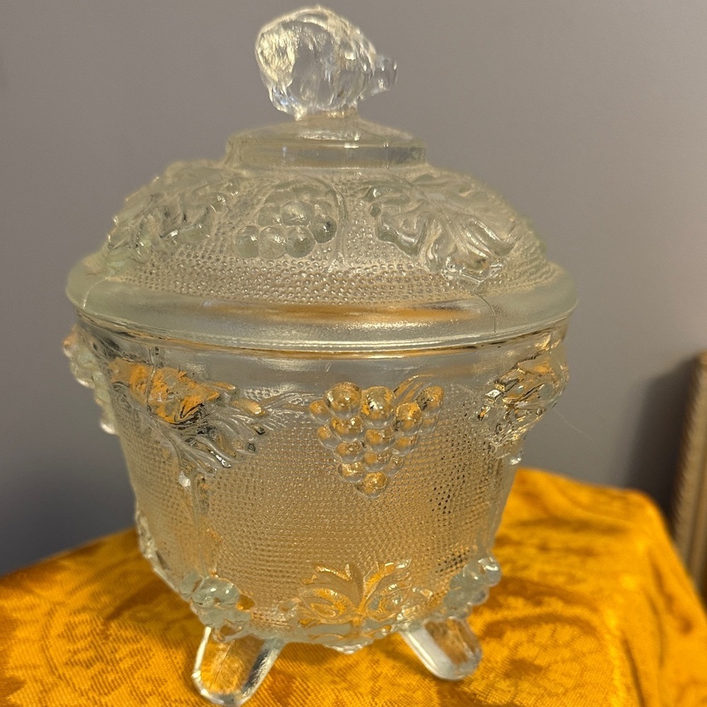 Vintage Jeannette Glass footed candy dish with a lid